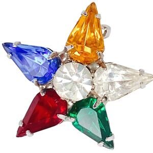 Vintage 1950s Star Brooch Colorful Rhinestone Mid Century Silver Tone Pin